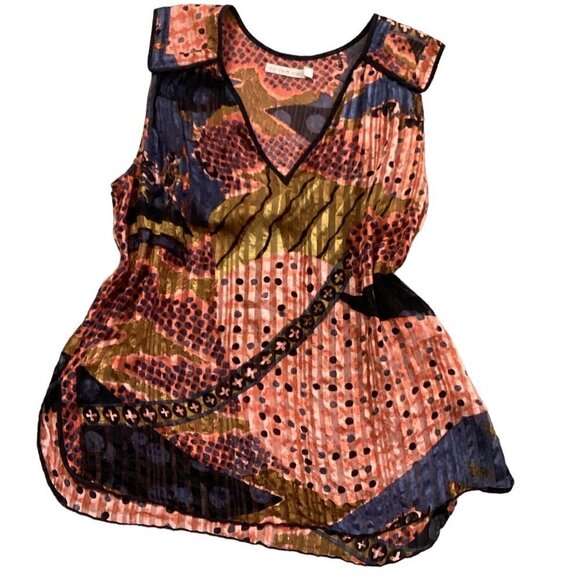 Of Two Minds M 100% Silk Tacy Top Colorful Abstract Sheer Print Quilted 64L - Picture 1 of 11